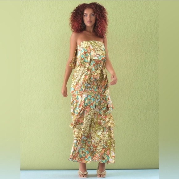NWT Andrea Iyamah Strata Maxi Dress Strapless Ruffle‎ Tiered US 8 Yellow Print - Picture 6 of 14